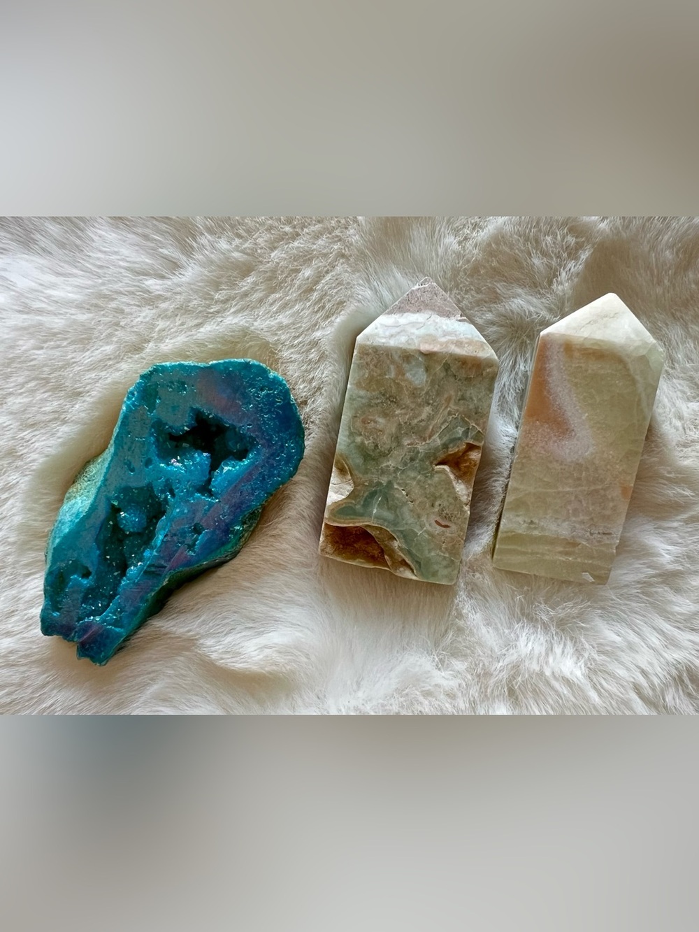 Blue Aura Quartz Geode & Caribbean Calcite Tower Bundle | Set of 3 Crystals